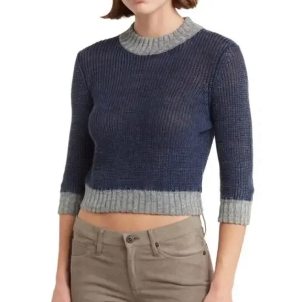 NWT AG Womens Isk Mock Neck 3/4 Sleeve Crop Sweater in Indigo Blue size XS